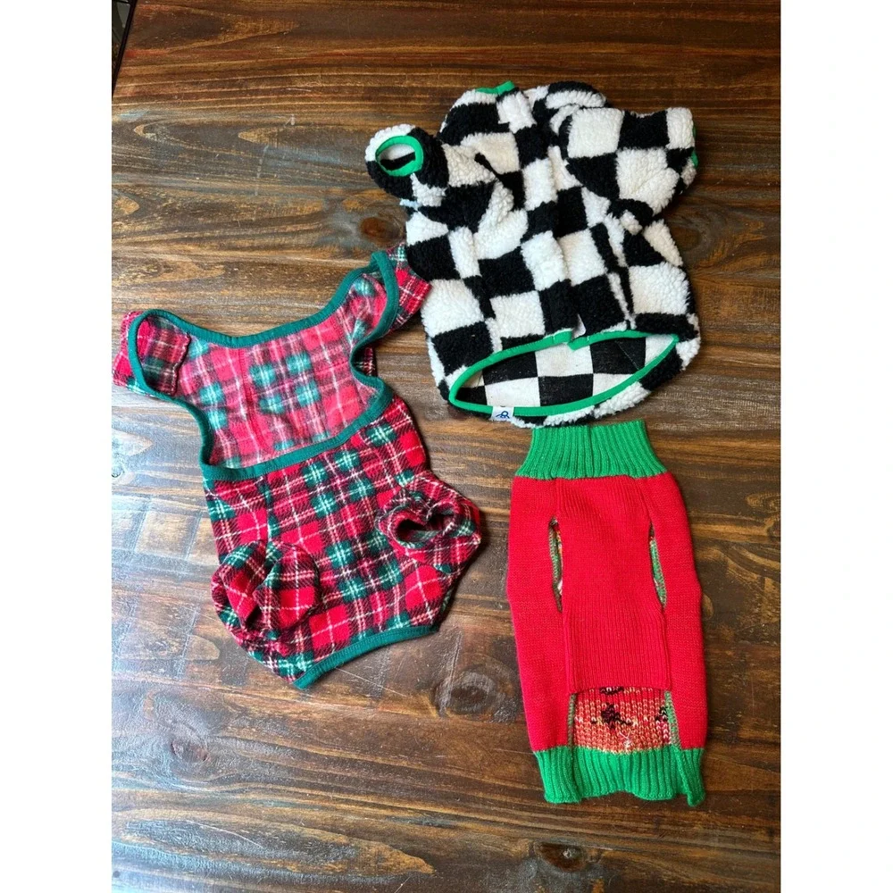 Pup Crew Oodles Dog Sweater Bundle Christmas Plaid Reindeer Checkered Fleece 3pc